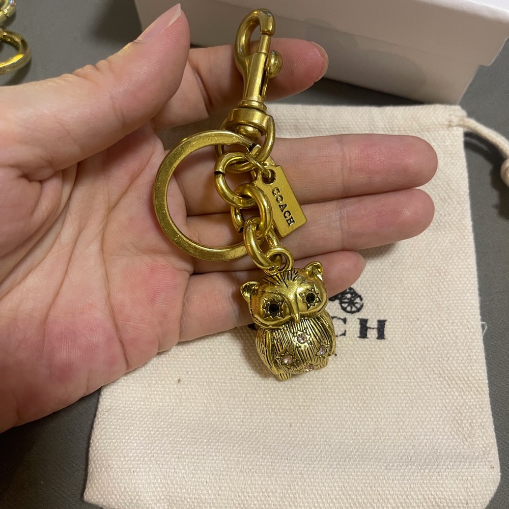 Coach Gold Owl Keyring Charm with Logo Tag